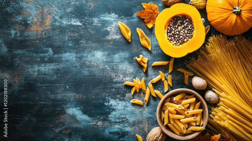 Poster pasta ingredients with butternut squash and autumn leaves on textured blue background with copy spac