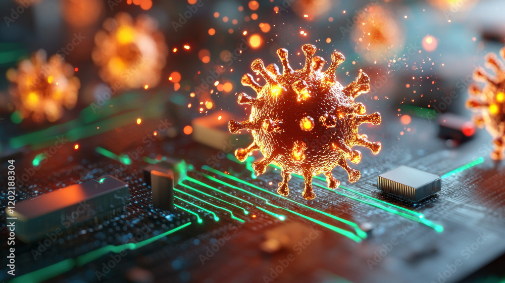 Poster digital representation of virus interacting with circuit board, showcasing fusion of biology and technology. This highlights impact of nanotechnology in health