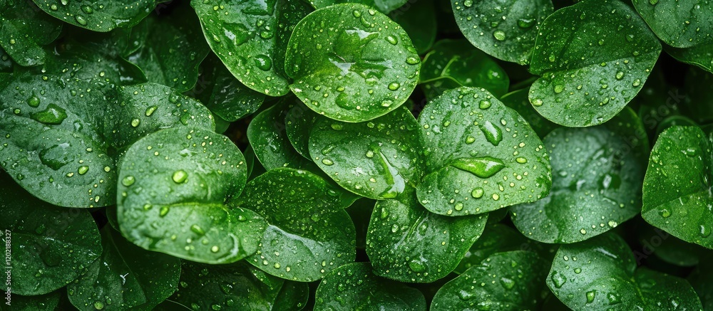 Poster green leaves with water droplets on surface close-up, nature background with vibrant textures and co