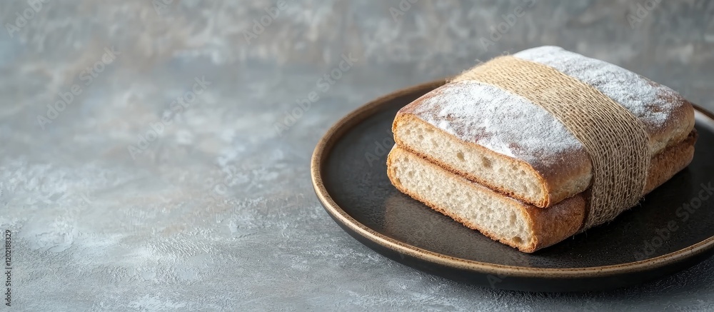 Poster homemade rustic bread loaf wrapped in linen string on a dark ceramic plate with gray textured backgr