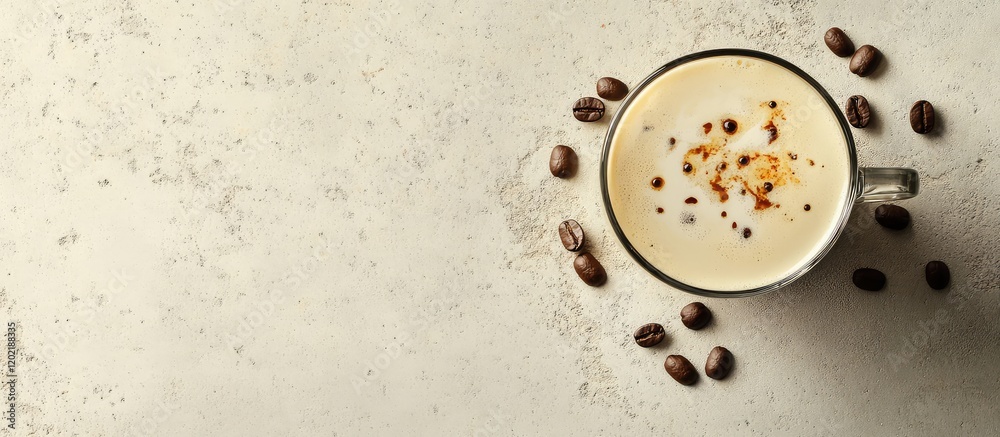 Poster Top view of a coffee cup with latte art surrounded by coffee beans on a textured beige background with Copy Space.