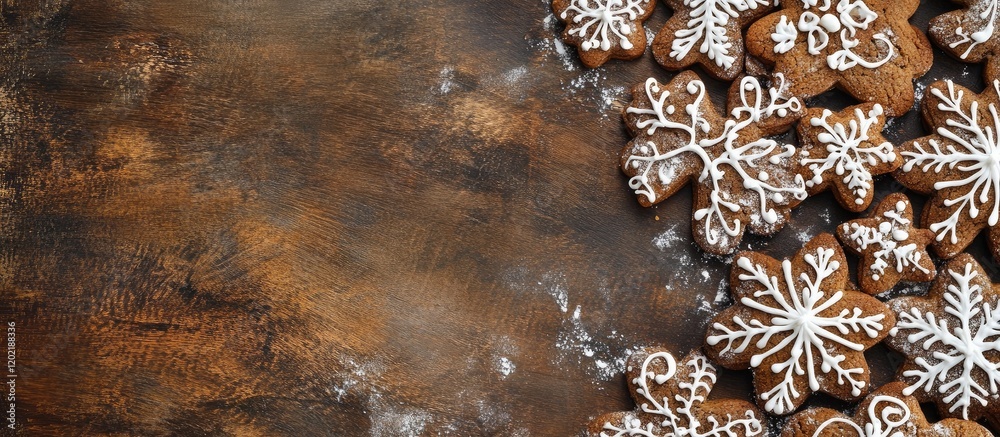Poster Gingerbread cookies decorated with icing on a rustic wooden background with Copy Space for seasonal text or messages