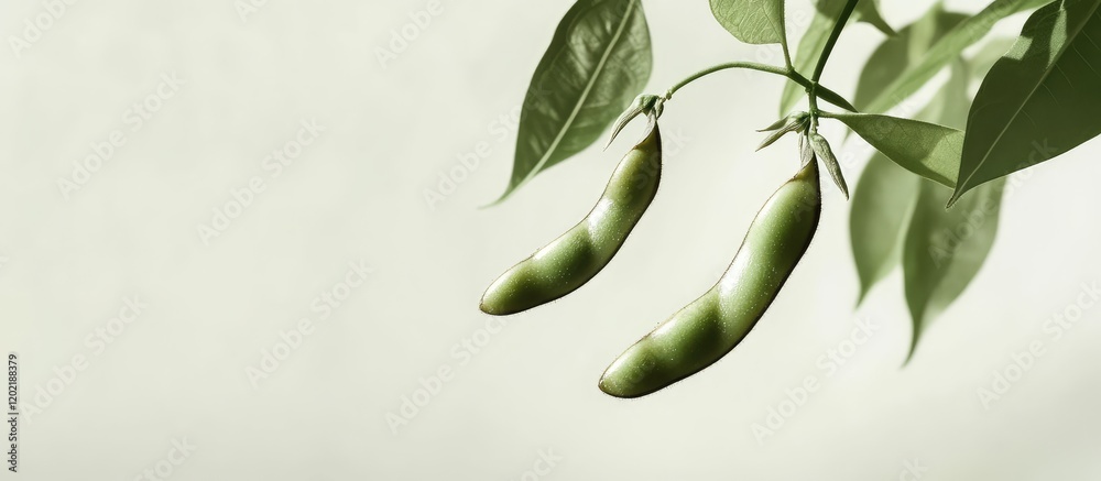 Poster fresh green peas hanging from a plant with leaves on a soft background featuring ample copy space fo