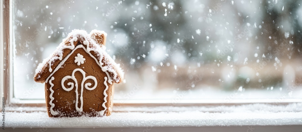 Poster Gingerbread house with icing decoration on snowy window sill during snowfall with blurred background and copy space for text