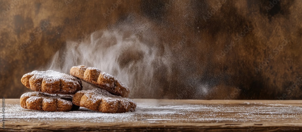 Poster freshly baked cookies with powdered sugar on rustic wooden table copy space