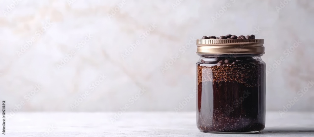 Aufkleber Glass jar filled with coffee beans on countertop with marble texture background and copy space for text