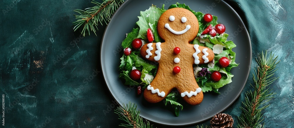 Poster gingerbread man cookie placed on a bed of mixed greens and cranberries on a black plate with pine br