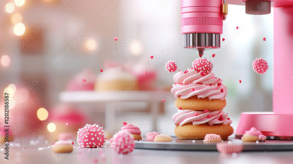 Poster vibrant depiction of 3D food printer creating intricate pink desserts, showcasing creativity and modern technology in baking. scene is filled with delightful details and festive atmosphere
