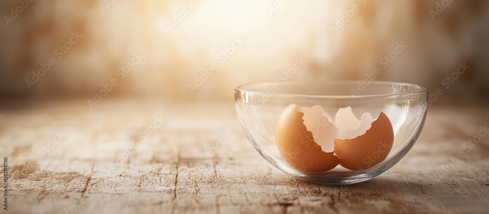 Poster Fresh eggs in transparent bowl with eggshells on wooden surface with soft light and copy space
