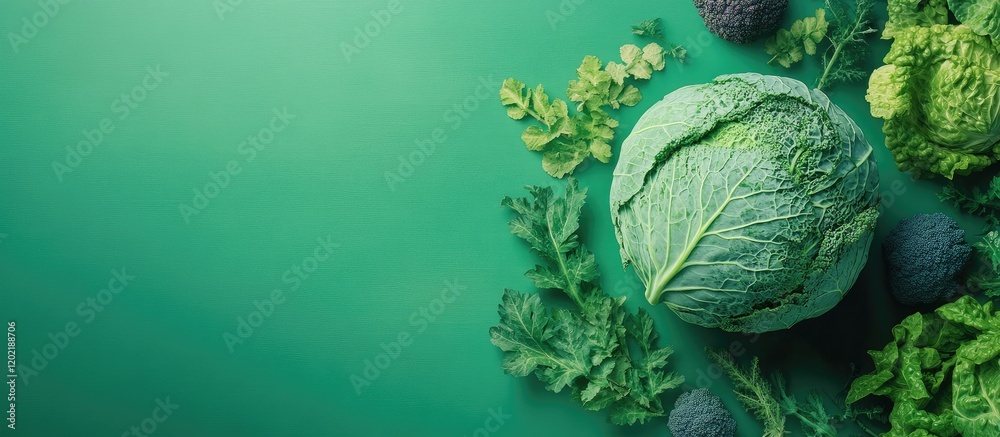 Poster Fresh green cabbage surrounded by various leafy vegetables on a solid green background with ample copy space