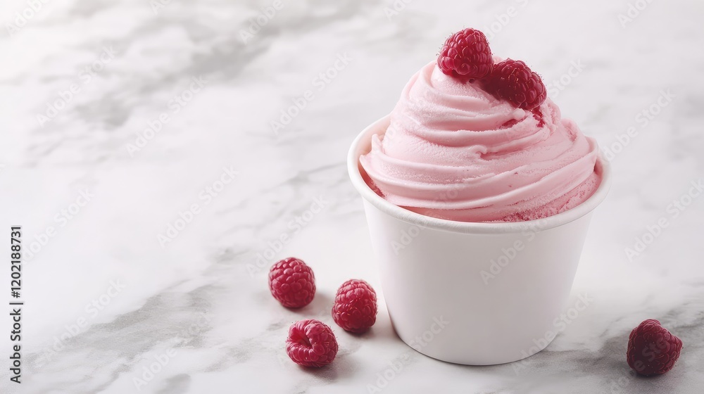 Poster Cup of raspberry flavored soft serve ice cream topped with fresh raspberries on a marble surface with copy space for text.
