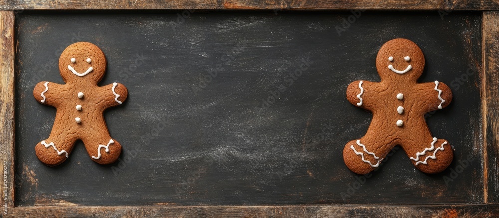 Poster gingerbread cookies with icing on a rustic wooden background with copy space for text placement