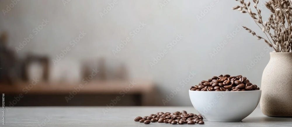Poster bowl of coffee beans on wooden table with minimalist decor and copy space for text placement