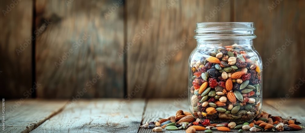 Aufkleber colorful mixed seeds in a glass jar on a rustic wooden table with copy space for text
