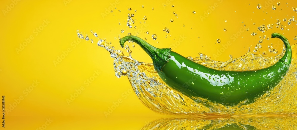 Poster green chili pepper splashing in water against yellow background with copy space for text