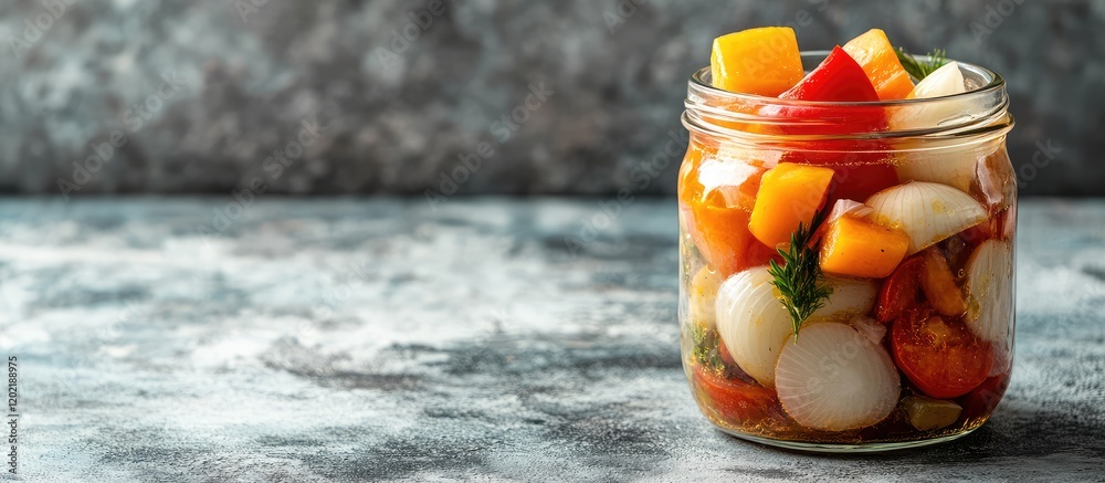 Poster colorful mixed vegetable salad in a glass jar on a textured gray background with copy space for text