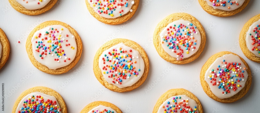 Poster Colorful frosted cookies with sprinkles arranged on a white surface providing Copy Space for text placement.