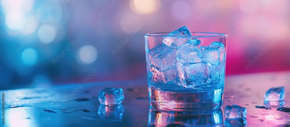 Aufkleber Glass of whiskey with ice cubes on a reflective surface with colorful light bokeh background and water droplets Copy Space