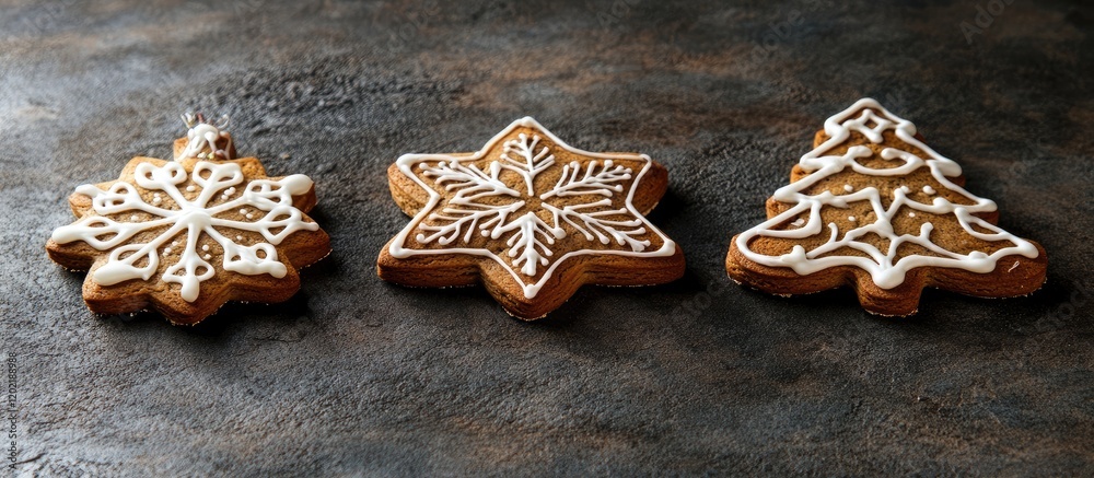 Poster Three decorated gingerbread cookies in snowflake, star, and Christmas tree shapes on a textured surface with Copy Space for text.