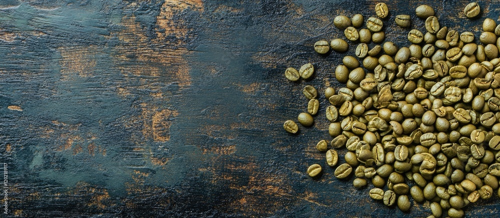 Poster green coffee beans scattered on an aged wooden surface with copy space for text placement