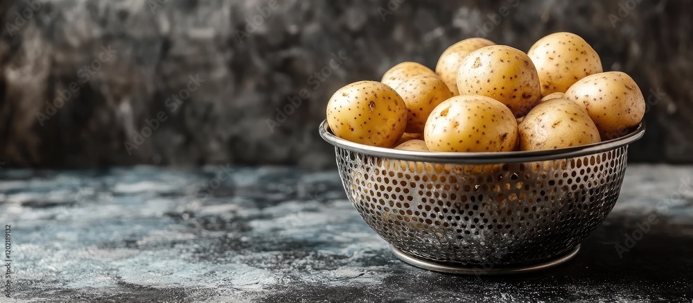 Poster freshly harvested small potatoes in a metal colander on a rustic textured background with copy space
