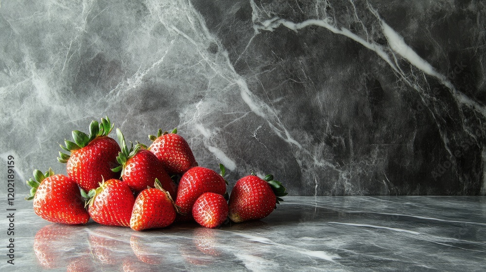 Poster fresh ripe strawberries arranged on a marble countertop with copy space for text.