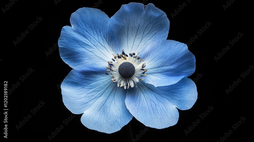 Poster blue flower on black background with copy space for text placement