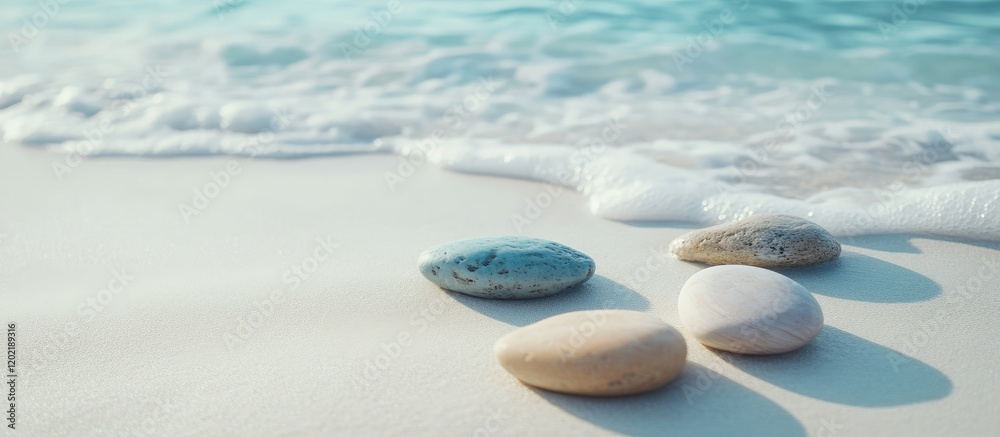 Aufkleber smooth beach pebbles in shallow water with soft waves on sandy shore copy space