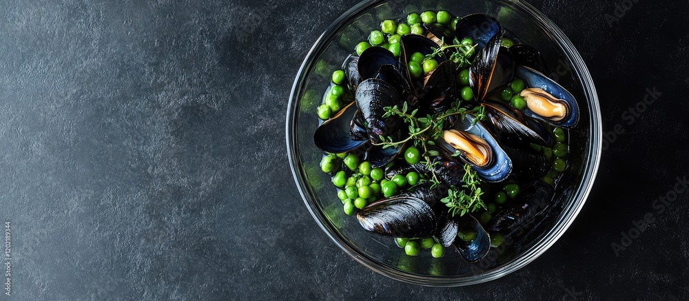 Poster mussels and fresh green peas in a glass bowl on a dark stone surface with copy space for text insert