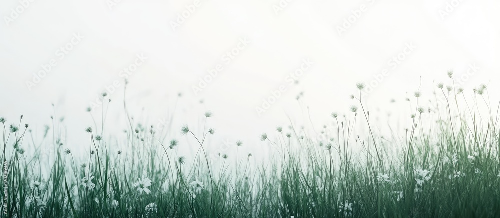 Poster delicate green grass and small wildflowers in a misty field with copy space for text placement