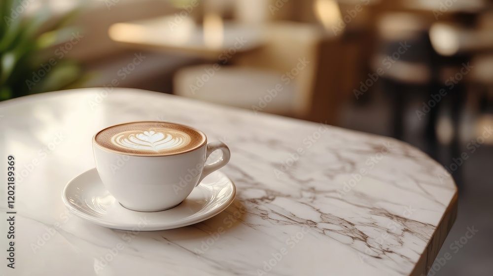 Poster cup of latte coffee with leaf latte art on a marble table in a cozy cafe copy space
