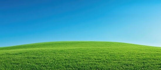 Green grass landscape with clear blue sky and minimal cloud cover featuring copy space for text placement