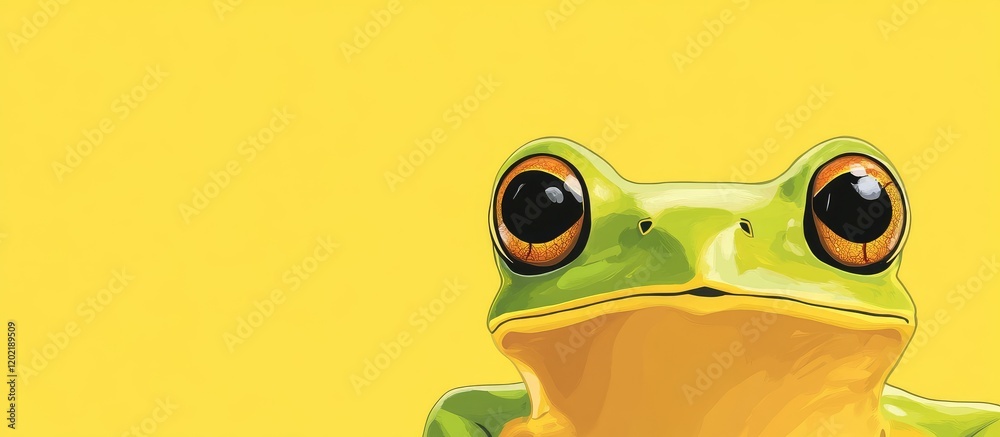 Poster green frog close-up on bright yellow background with copy space for text. high-quality macro photogr