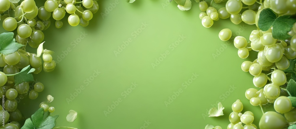 Poster Fresh green grape background with blurred center and grapevines leaves for text placement Copy Space