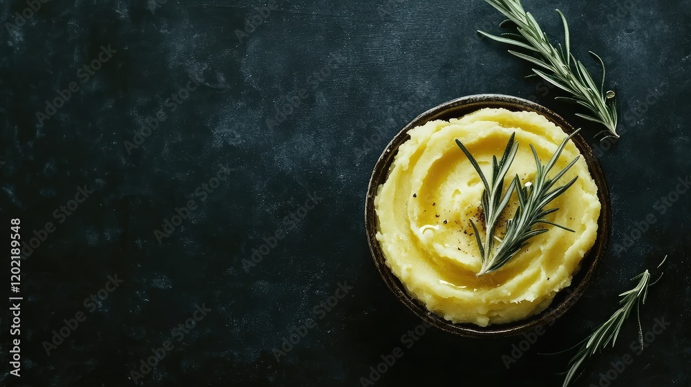 Poster mashed potatoes in a bowl garnished with fresh rosemary on a dark textured surface copy space