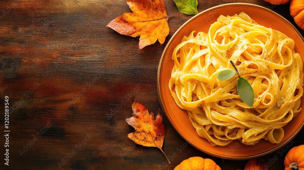Aufkleber plate of fettuccine pasta with autumn leaves on a wooden table with copy space for text