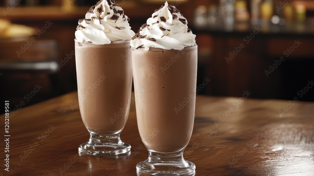 Poster chocolate milkshakes topped with whipped cream and chocolate drizzle served in tall glass cups with 