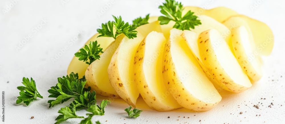 Poster sliced raw potatoes with fresh parsley on a white background with copy space