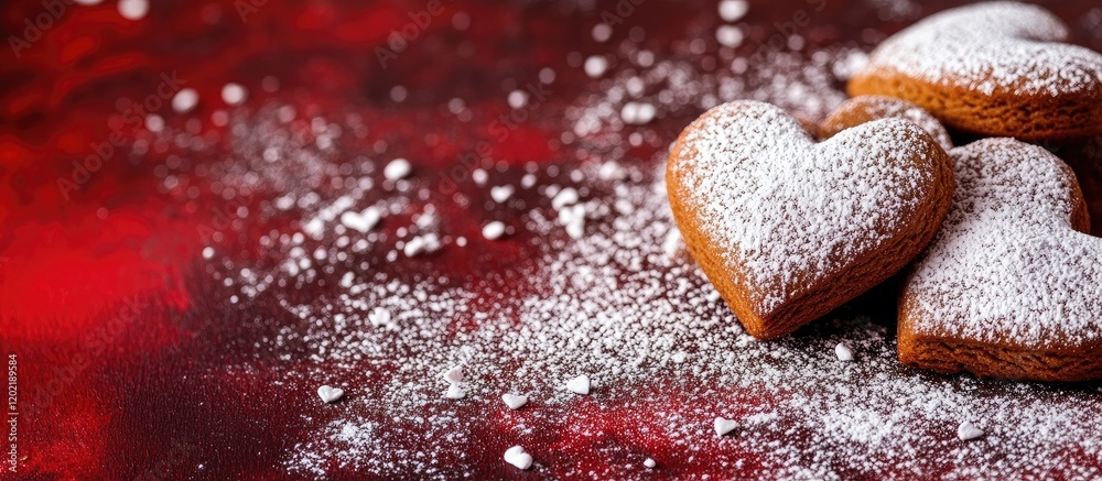 Poster heart-shaped cookies with powdered sugar on a red background with copy space for text placement.