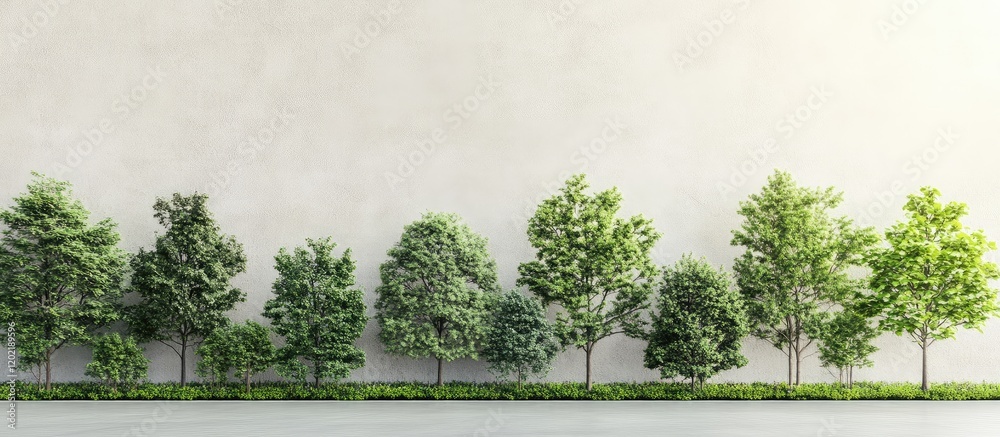 Poster green trees line against a plain wall with ample copy space for text or graphics in a natural landsc