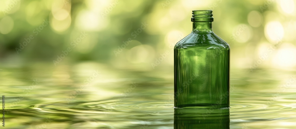 Poster green glass bottle on water surface with blurred background and copy space for text