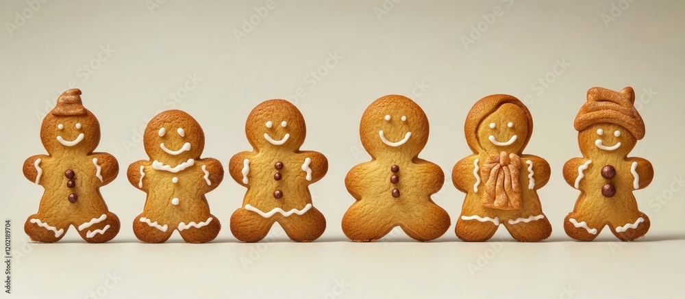 Poster gingerbread cookies in various shapes and decorations standing in a line against a plain background 