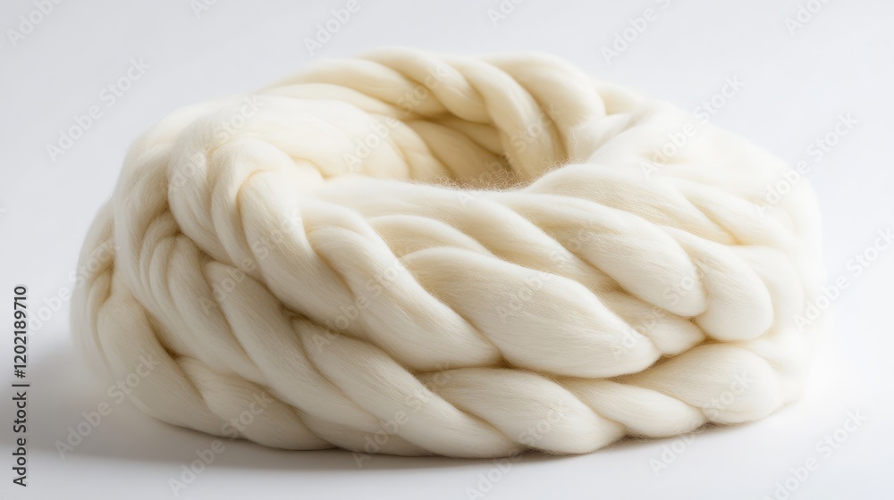 Poster White wool roving twisted into a circular shape on a neutral background with Copy Space for text