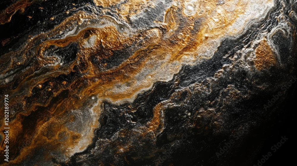 Poster abstract close-up of textured surface resembling a planet with gold and black patterns in a dark bac