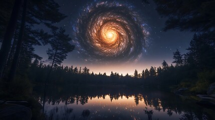 A spiral galaxy glowing above a serene forest clearing with the night sky offering a clear view of the universe