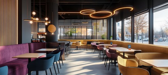 Fototapeta premium A stylish cafe with contemporary decor, cozy seating, and artistic design elements 
