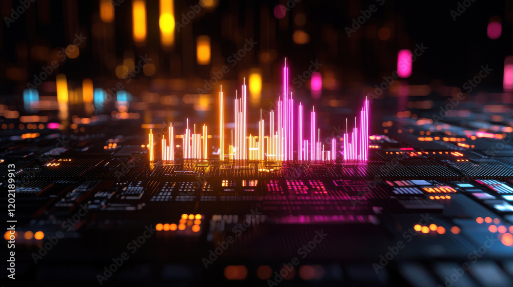 Poster vibrant digital representation of data visualization with colorful bars and circuit patterns, showcasing technology and innovation in futuristic setting