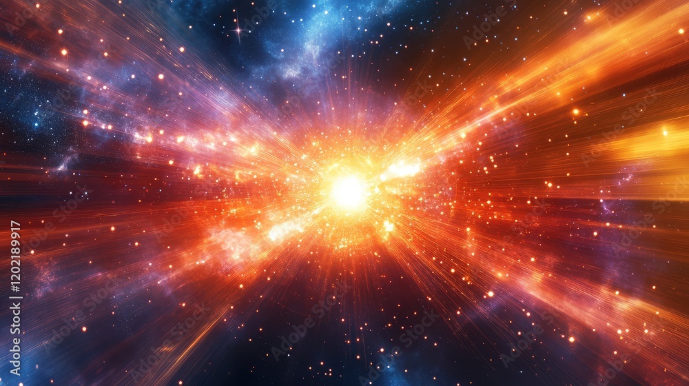 Aufkleber cosmic explosion in space depicting vibrant orange and blue colors with stars and light rays emanati