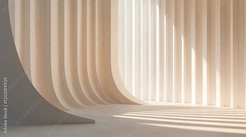 Poster abstract minimalist interior with curved walls and soft light creating dynamic shadows and copy spac