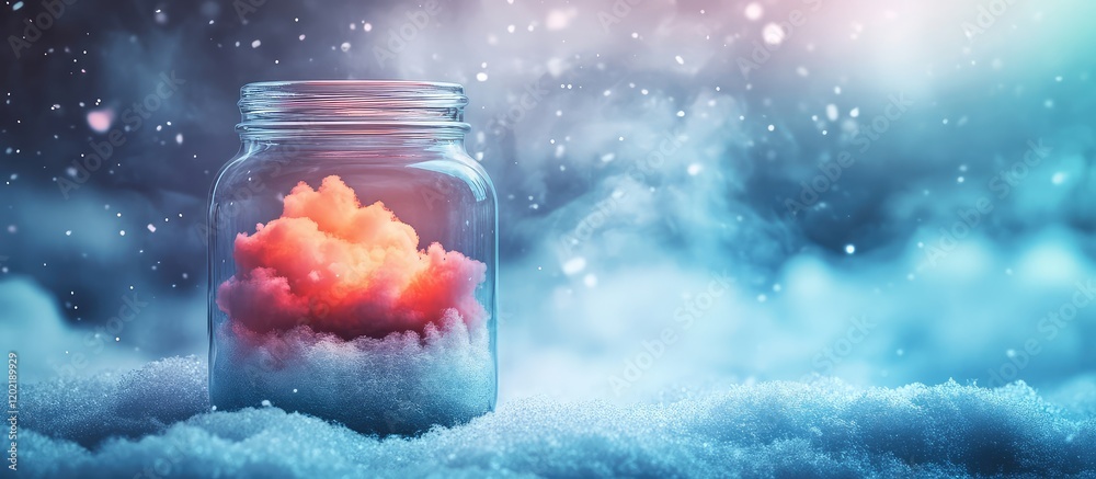 Poster colorful candle in a glass jar placed on snow with a blurred winter background and copy space for te